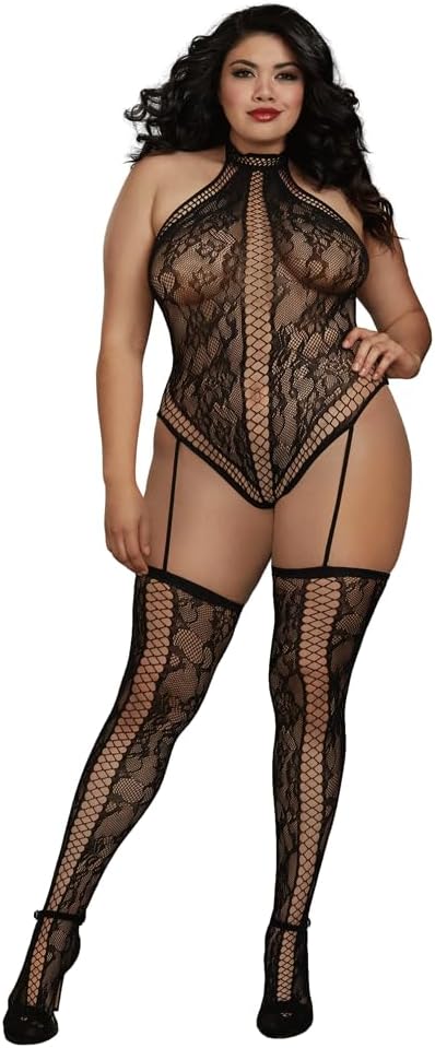 Dreamgirl Plus Lace Teddy Bodystocking with Thigh High Stockings (Only