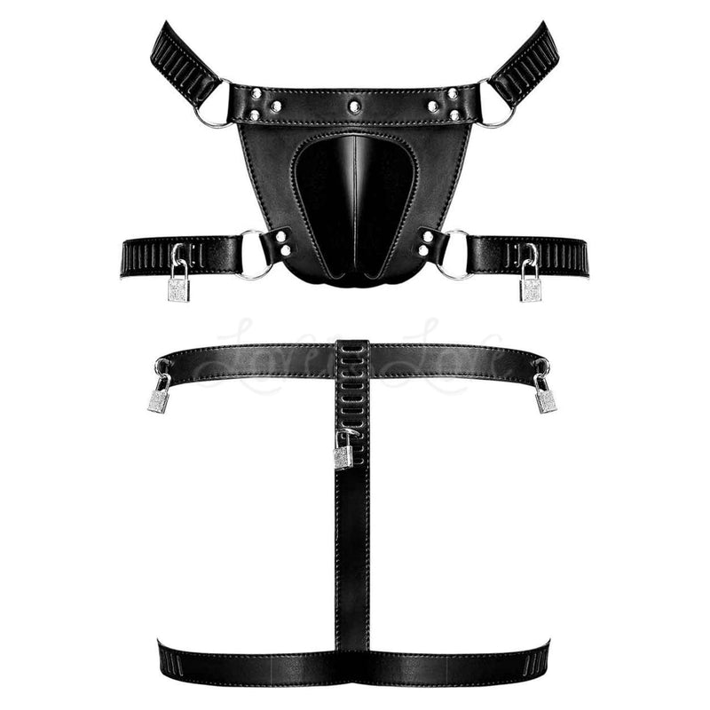 Male Power Faux Leather Scorpio Adjustable Waist And Leg Chastity Thong Black One Size