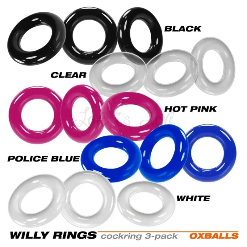 Oxballs Willy Ring 3-Pack Super-Stretch Cock Rings Black or Clear or Police Blue