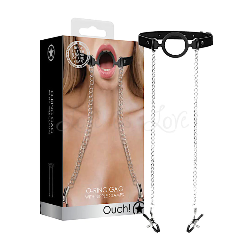 Shots Ouch! O-Ring Ball Gag with Nipple Clamps - Black