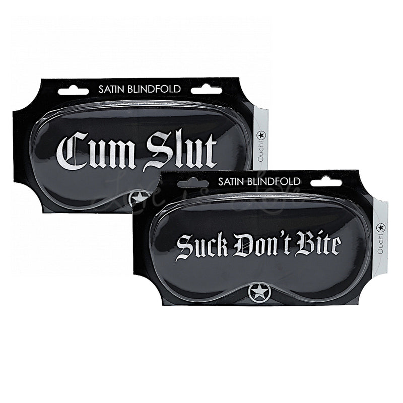 Shots Ouch! Printed Mask Satin Black Suck Don't Bite or Cum Slut