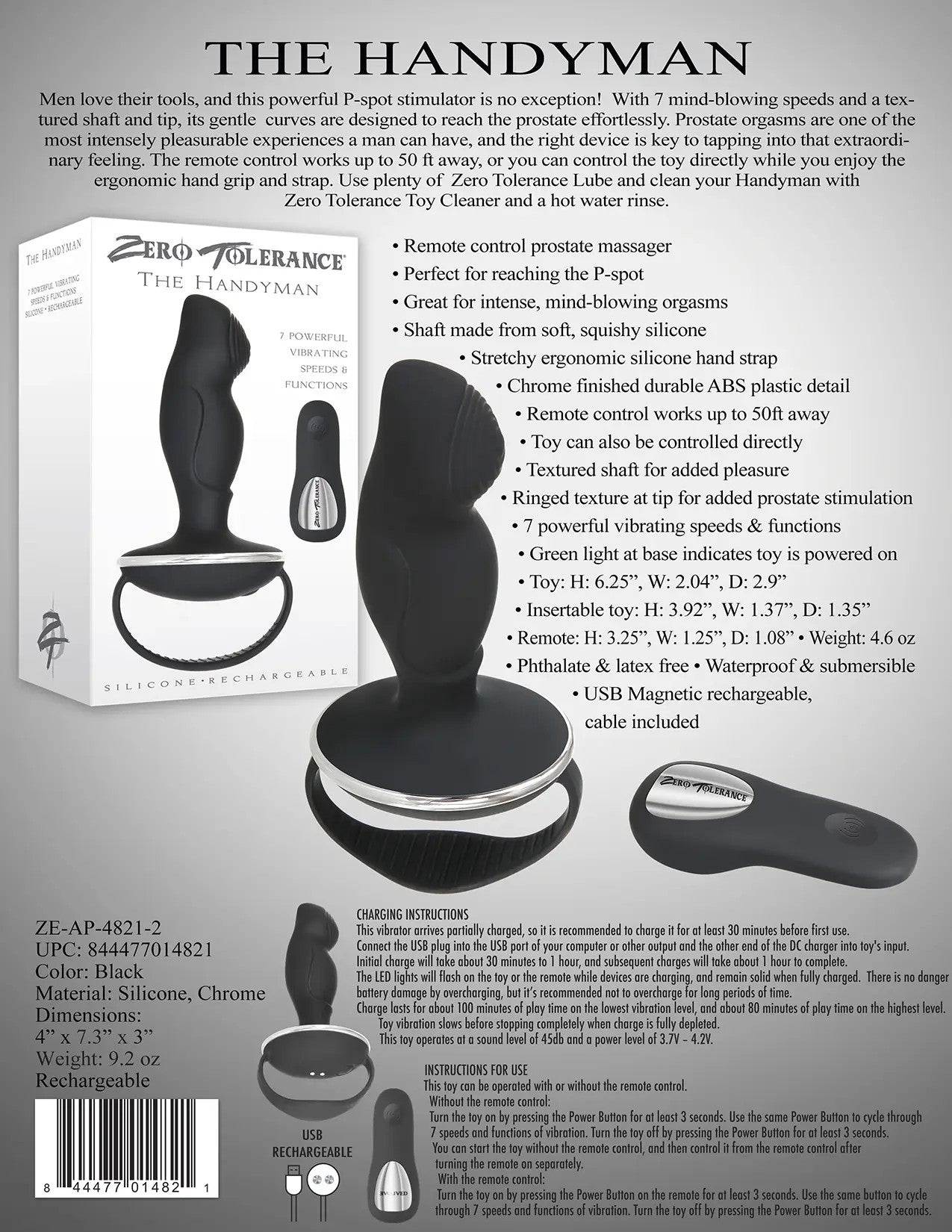 Zero Tolerance The Handyman Vibrating Prostate Massager Black