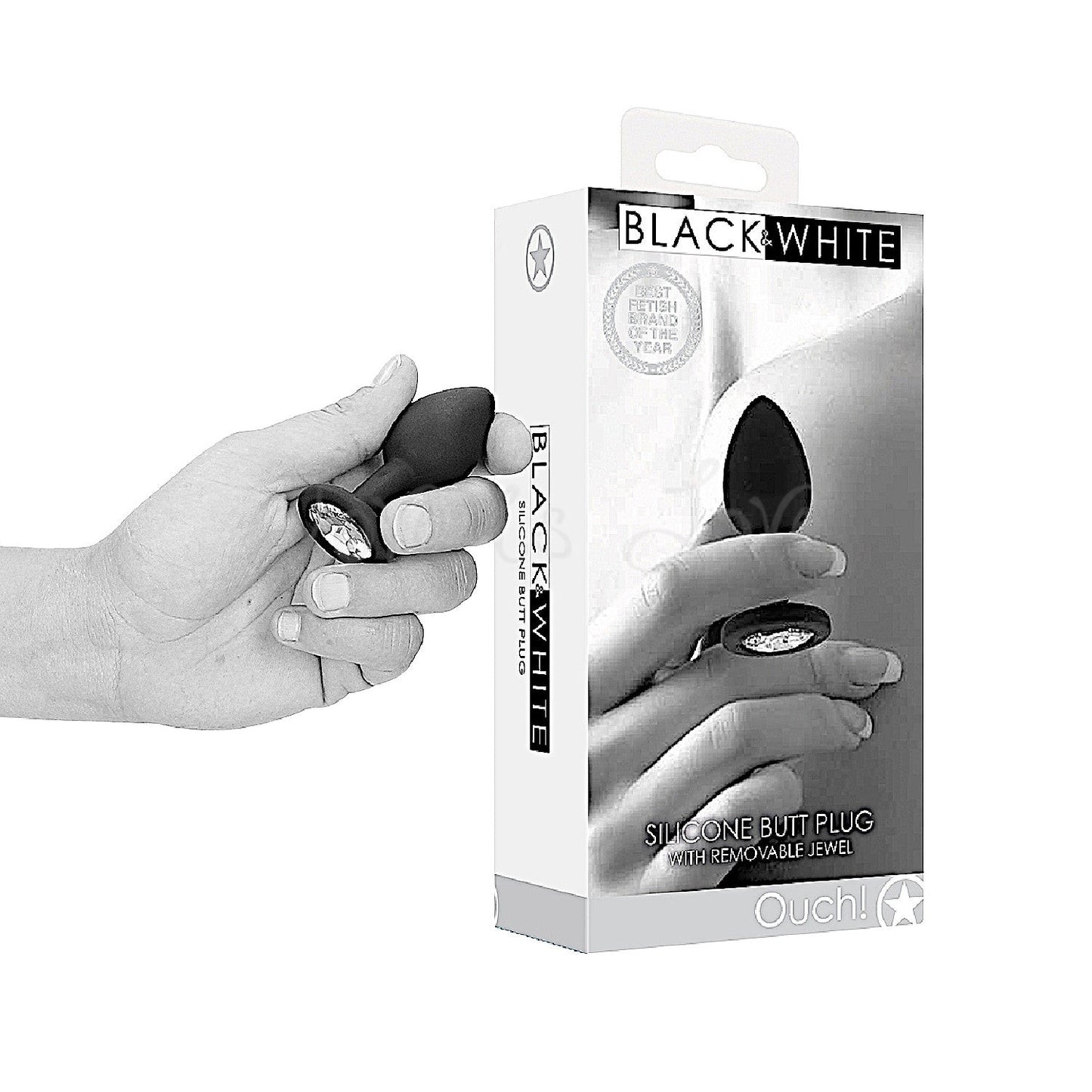 Shots Ouch! Black & White Silicone Butt Plug with Removable Jewel
