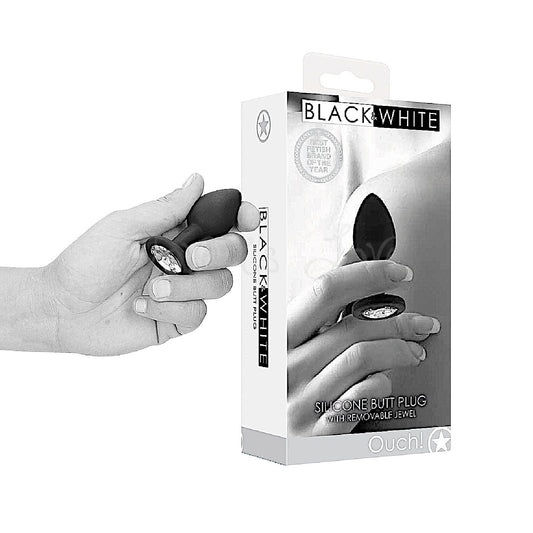 Shots Ouch! Black & White Silicone Butt Plug with Removable Jewel