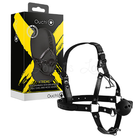 Shots Ouch! Xtreme Head Harness with Breathable Ball Gag and Nose Hook