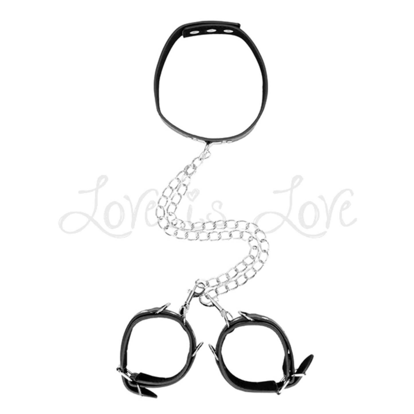 Shots Ouch! Black & White Adjustable Bonded Leather Collar With Hand Cuffs & Chain