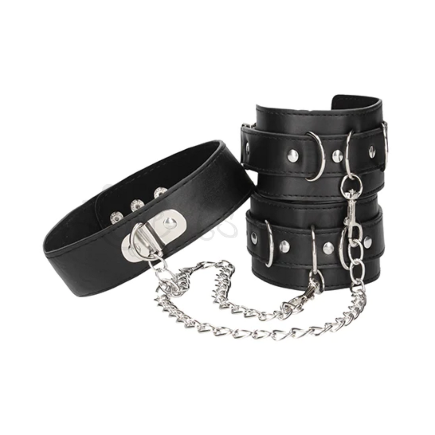 Shots Ouch! Black & White Adjustable Bonded Leather Collar With Hand Cuffs & Chain