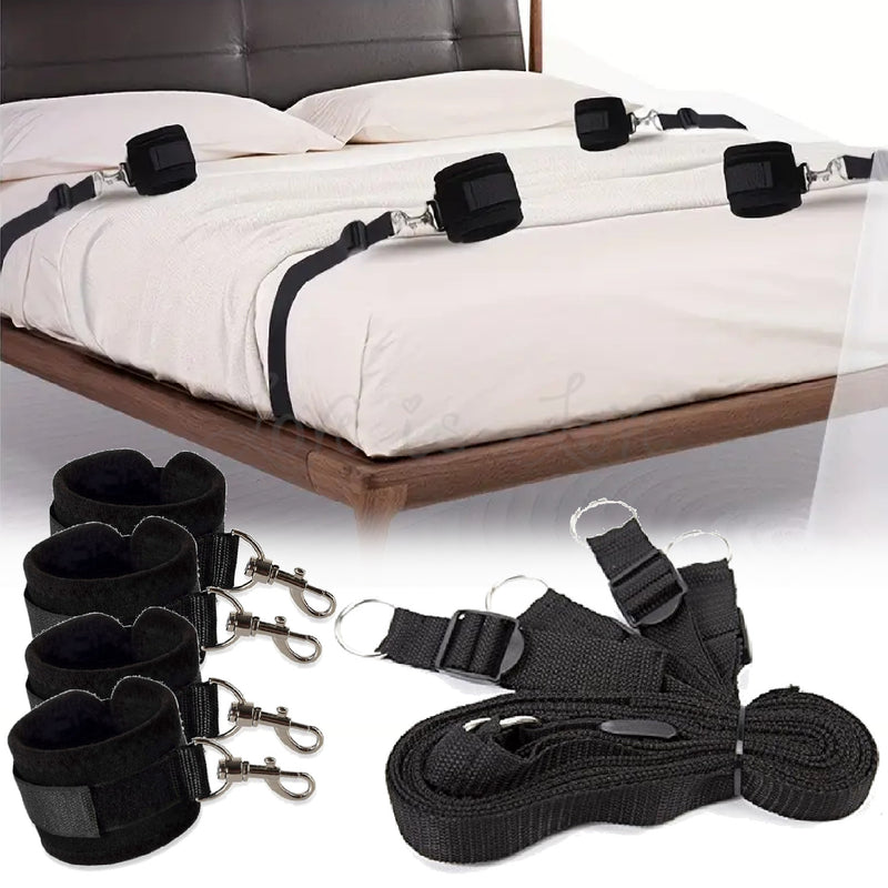 Adjustable Bed Restraint with Detachable Cuffs Set Black