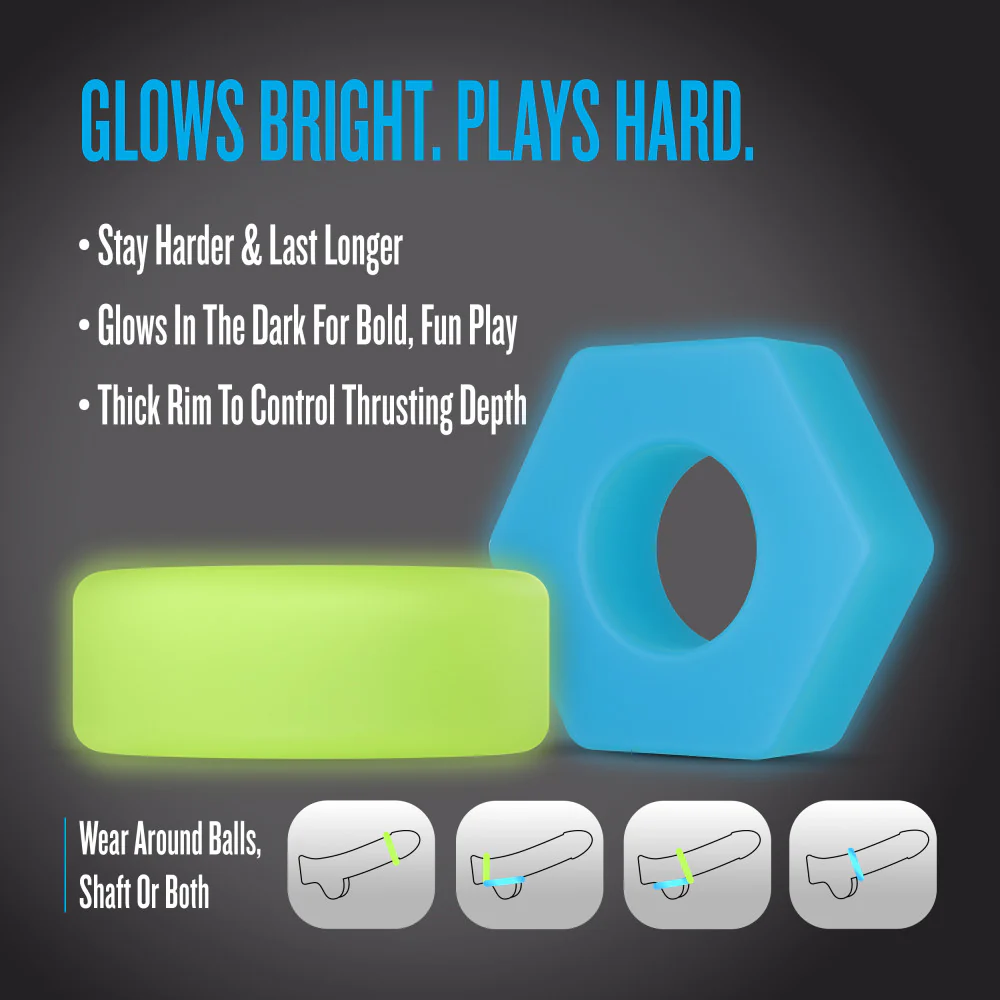 Blush Performance Plus Flash Glow In The Dark 2-Piece Cock Ring Set - Neon