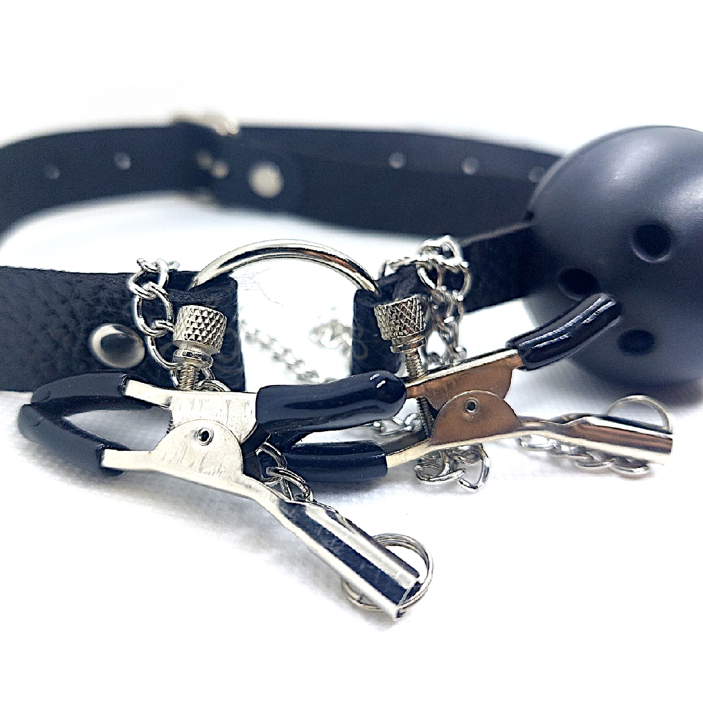 Breathable Ball Gag with Adjustable Straps & Nipple Clamps