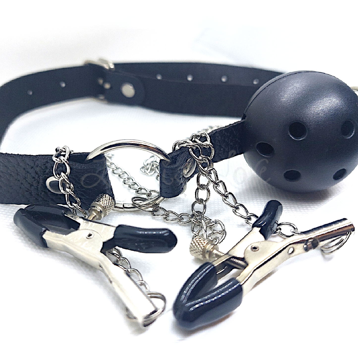 Breathable Ball Gag with Adjustable Straps & Nipple Clamps