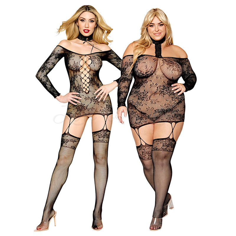 Dreamgirl 0318 Lace Patterned Knit Garter Dress with Stockings One Siz