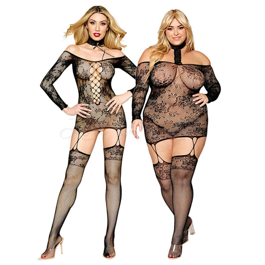 Dreamgirl 0318 Lace Patterned Knit Garter Dress with Stockings One Siz