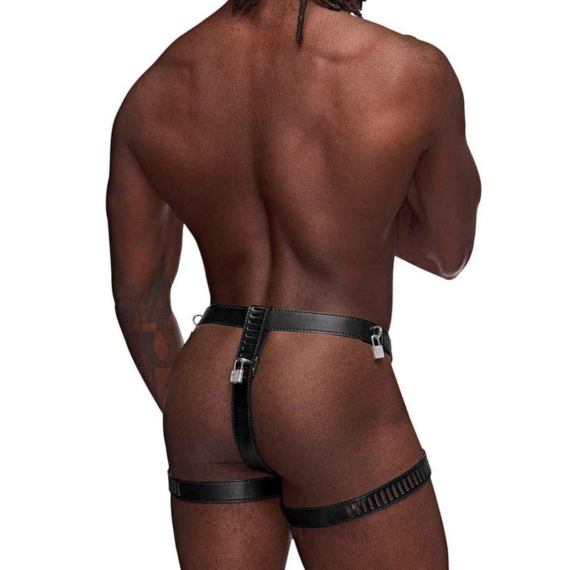 Male Power Faux Leather Scorpio Adjustable Waist And Leg Chastity Thong Black One Size