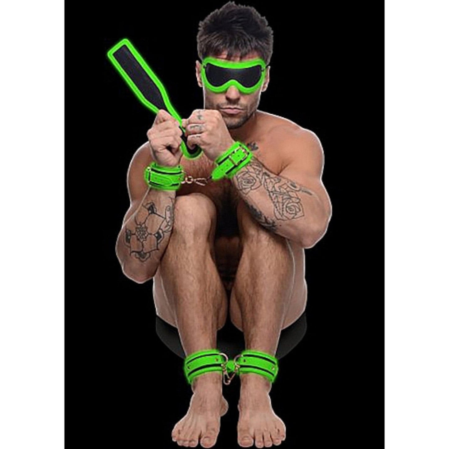 Master Series Kink in the Dark Glowing Cuffs Blindfold and Paddle Bondage Set