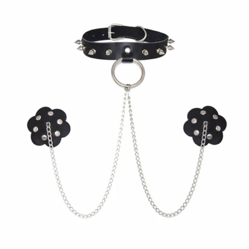 Neva Nude Slave 4 U Chain Neck Choker Leather Reusable Silicone Nipple Cover Pasties