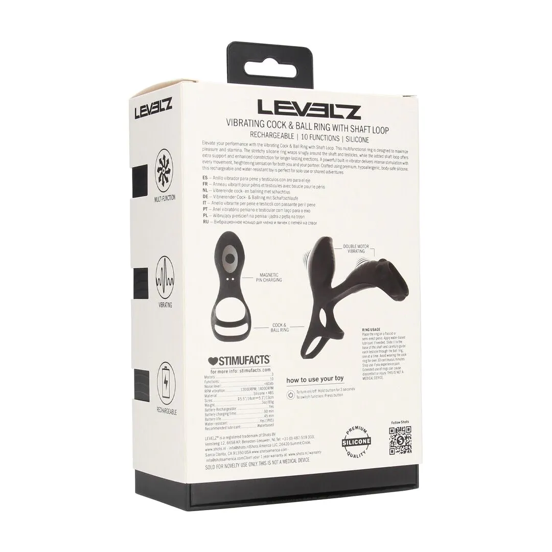 Shots LEVELZ Vibrating Silicone Cock and Ball Ring with Shaft Loop - Black