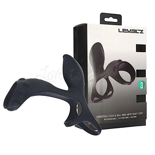 Shots LEVELZ Vibrating Silicone Cock and Ball Ring with Shaft Loop - Black