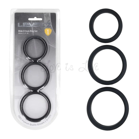 Shots LEVELZ Wide O Silicone Cockring Set of 3 S/M/L Black [Limited Time Offer]