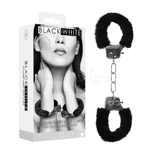 Shots Ouch Black & White Collection Beginner Furry Wrist Cuffs