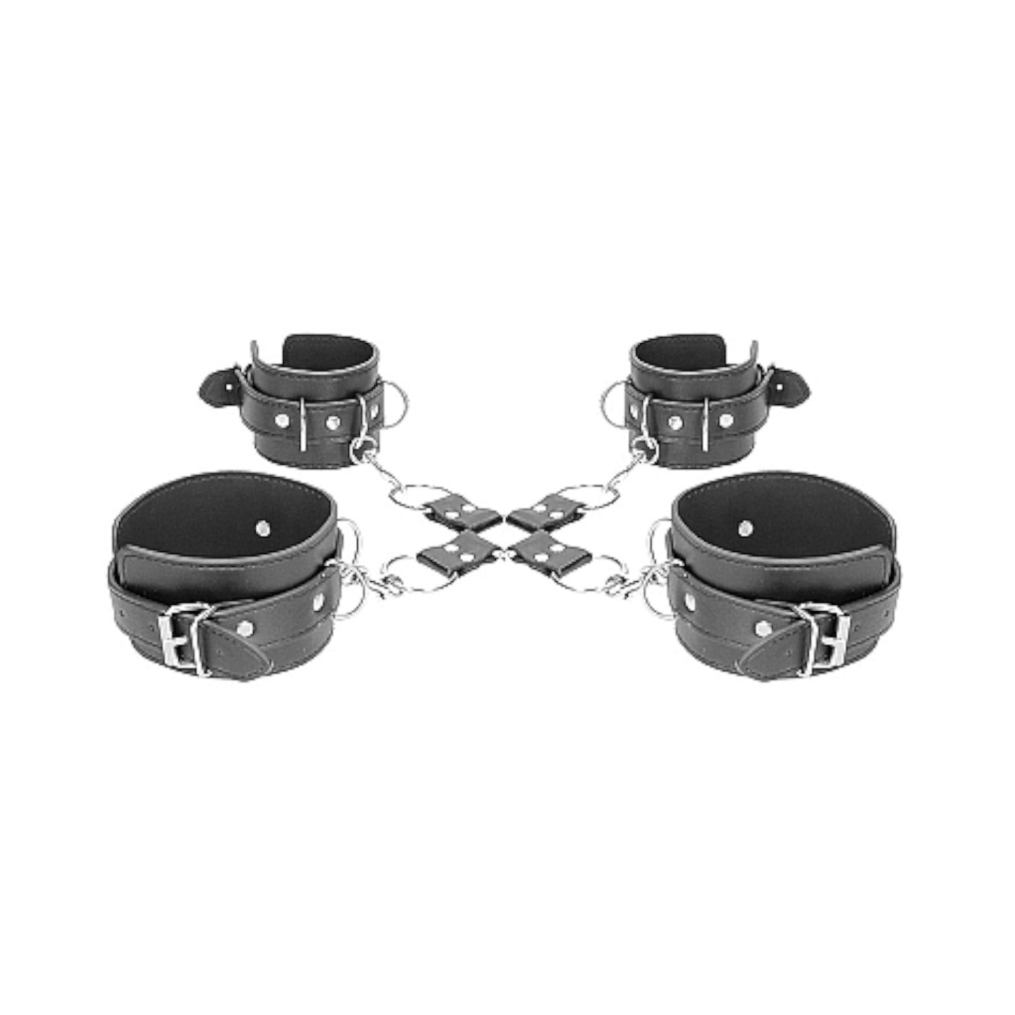 Shots Ouch! Black & White Bonded Leather Hogtie With Hand & Ankle Cuffs