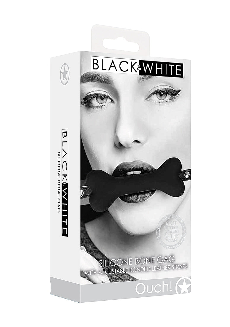 Shots Ouch! Black & White Silicone Bone Gag With Adjustable Bonded Leather Straps