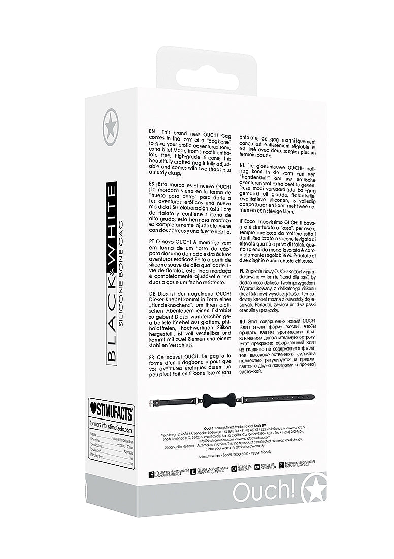 Shots Ouch! Black & White Silicone Bone Gag With Adjustable Bonded Leather Straps