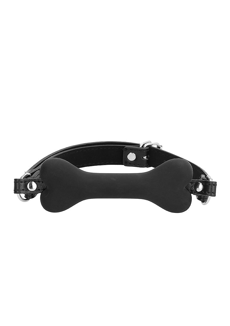 Shots Ouch! Black & White Silicone Bone Gag With Adjustable Bonded Leather Straps