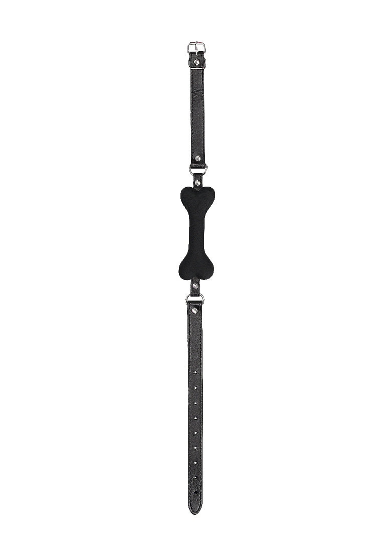 Shots Ouch! Black & White Silicone Bone Gag With Adjustable Bonded Leather Straps