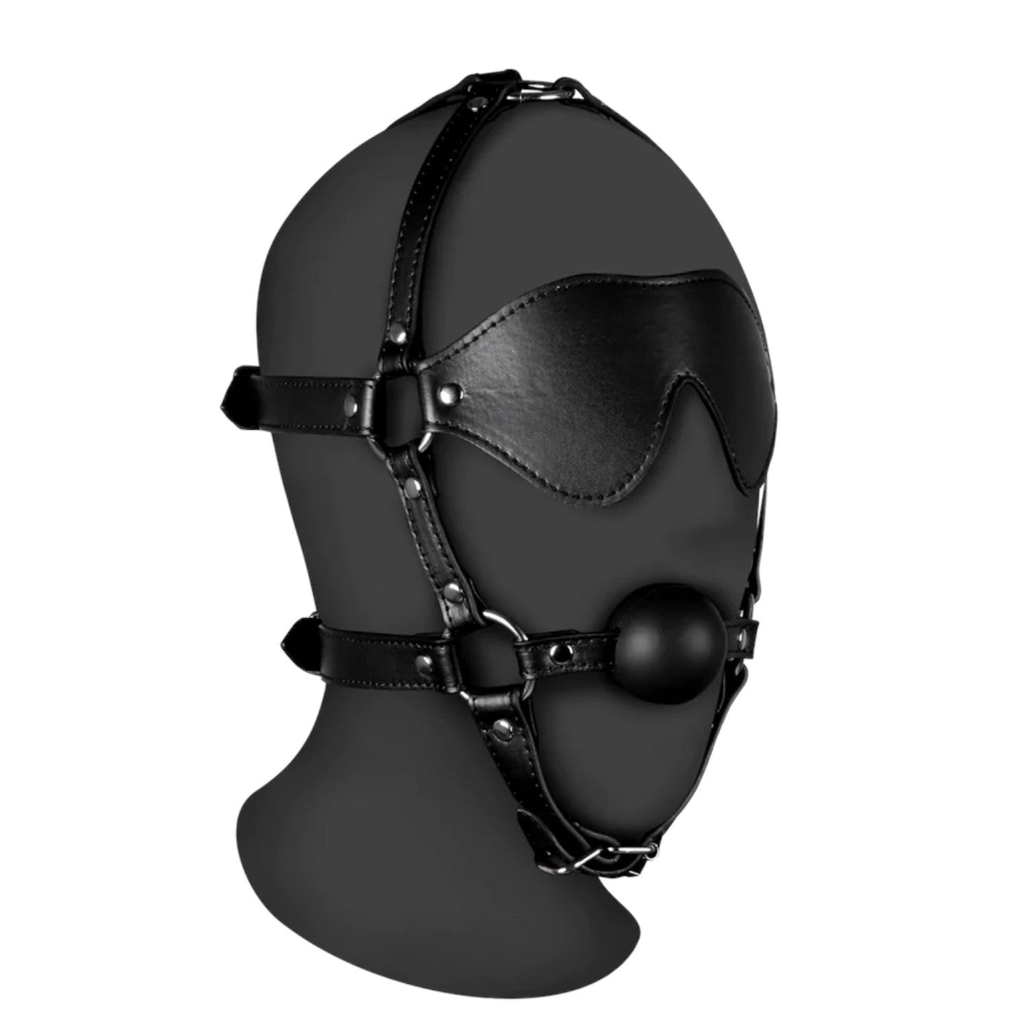 Shots Ouch! Xtreme Blindfolded Head Harness with Solid Ball Gag Black