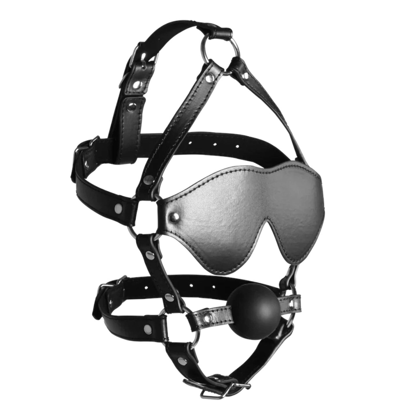 Shots Ouch! Xtreme Blindfolded Head Harness with Solid Ball Gag Black