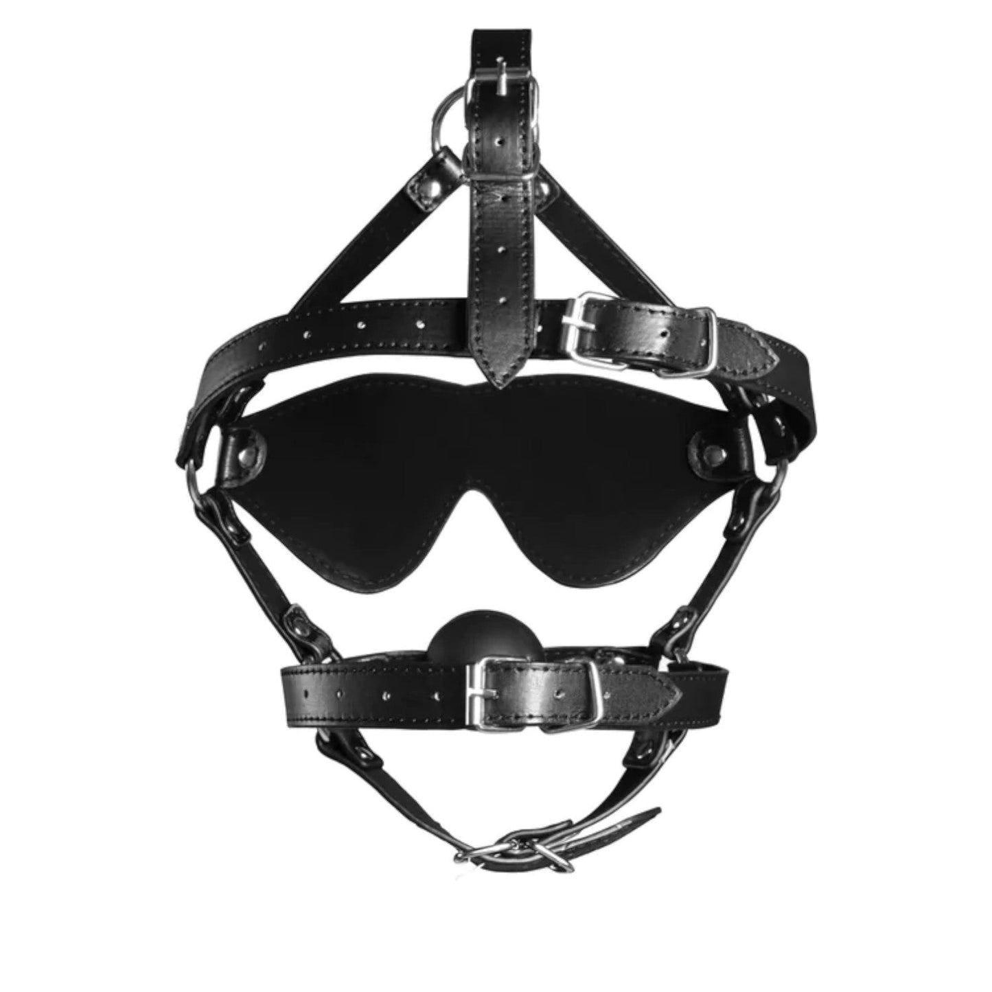 Shots Ouch! Xtreme Blindfolded Head Harness with Solid Ball Gag Black