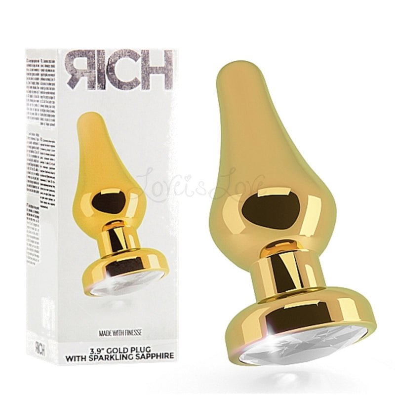 Shots Rich R1 Gold Plug 3.9 Inch With Clear Sapphire