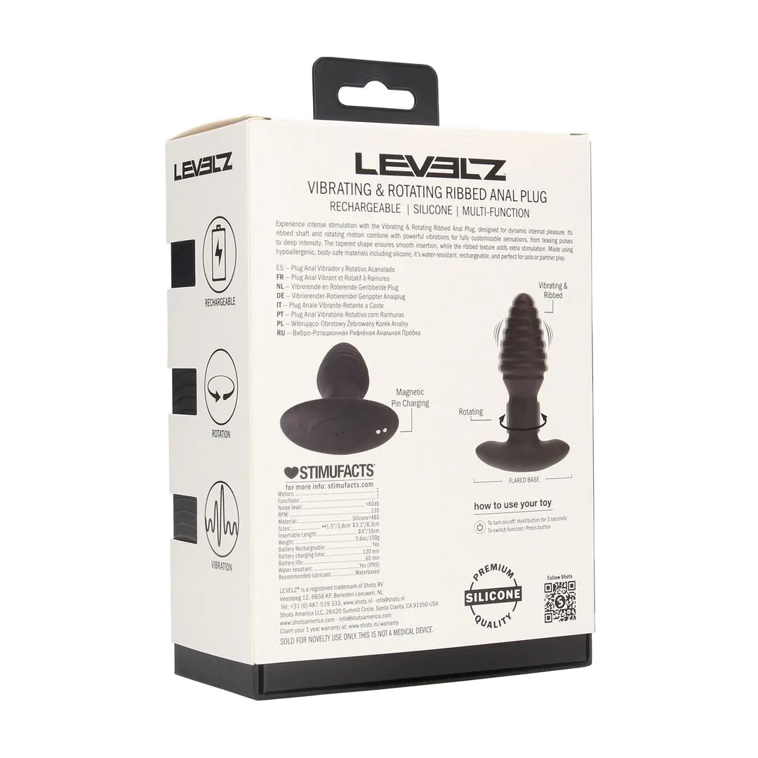 Shots LEVELZ Vibrating and Rotating Ribbed Silicone Anal Plug - Black