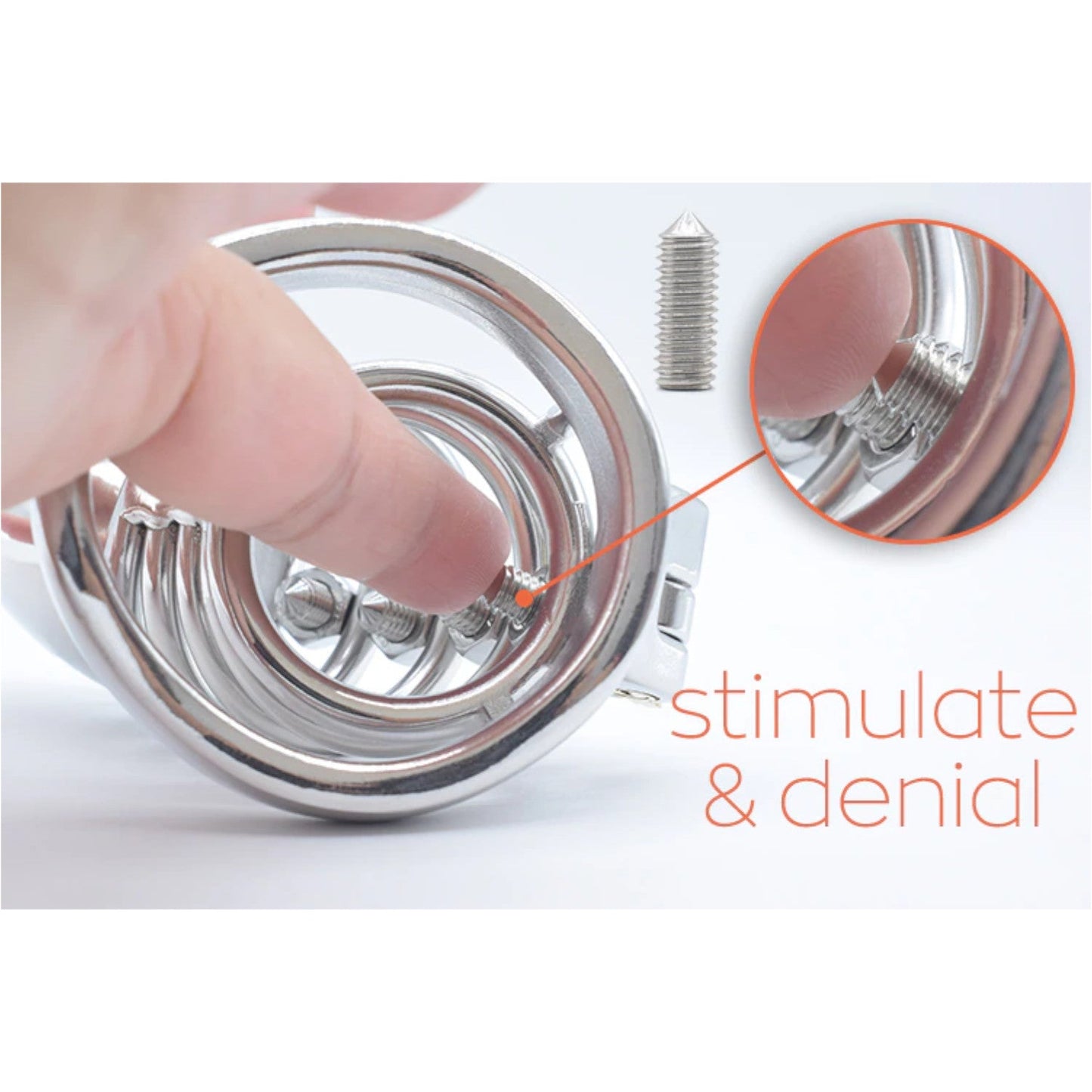 Stainless Steel Curve Spike Screw Chastity Silver Cock Cage #103A with 45 mm Curved Ring