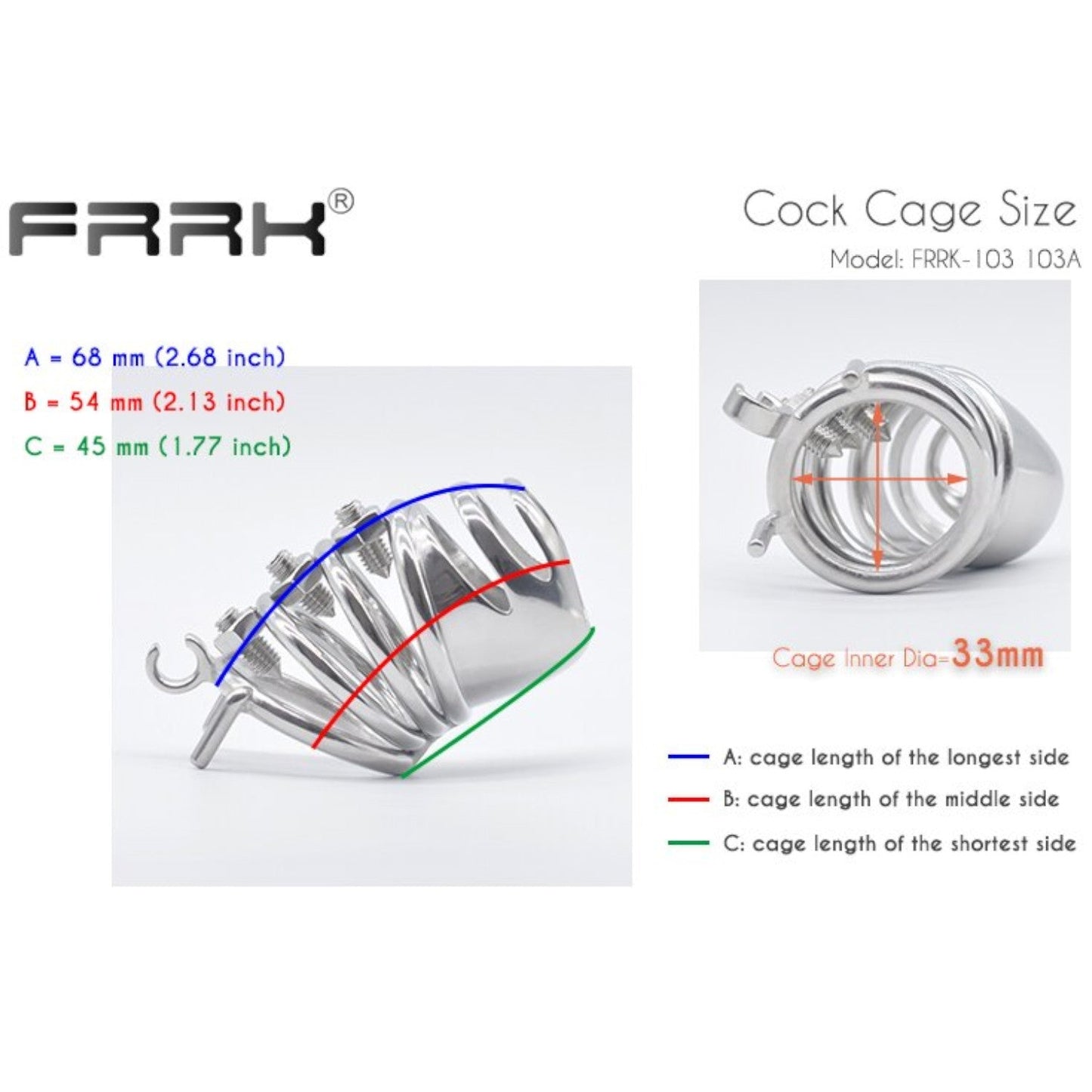 Stainless Steel Curve Spike Screw Chastity Silver Cock Cage #103A with 45 mm Curved Ring
