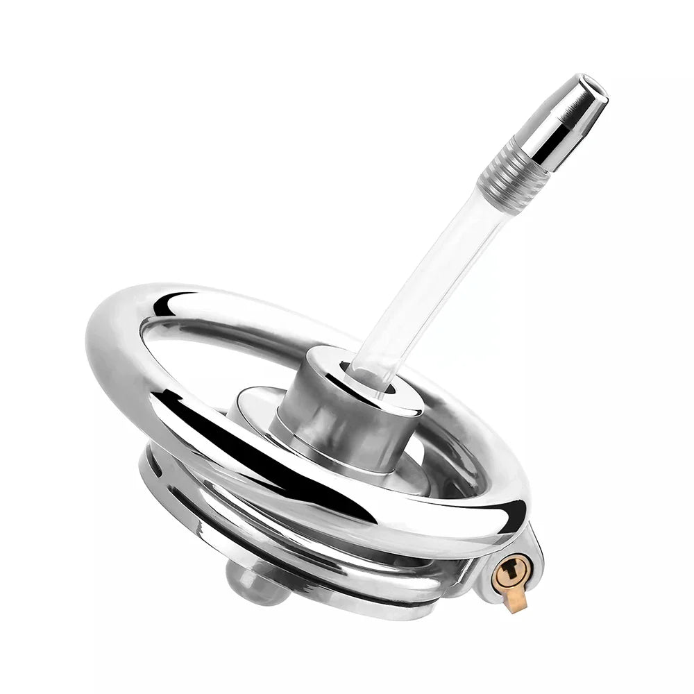 Stainless Steel Silicone Penis Inverted Chastity Cage with Catheter 46 mm #406
