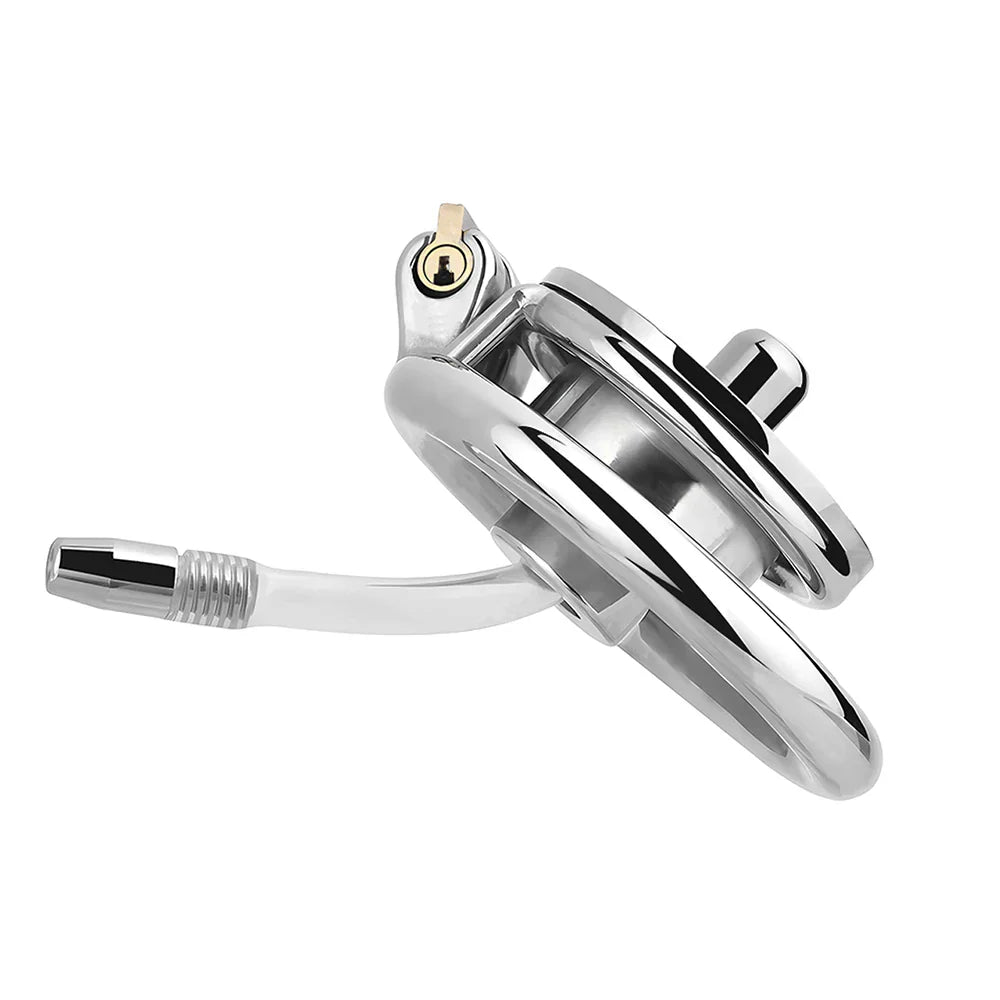 Stainless Steel Silicone Penis Inverted Chastity Cage with Catheter 46 mm #406