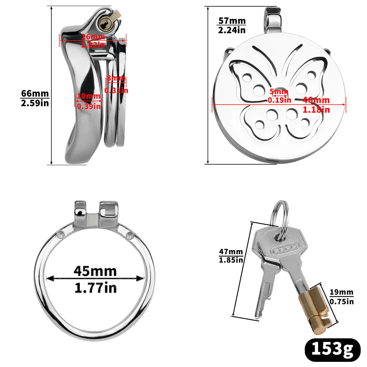 Stainless Steel Butterfly Flat Chastity Cage 45 mm #266